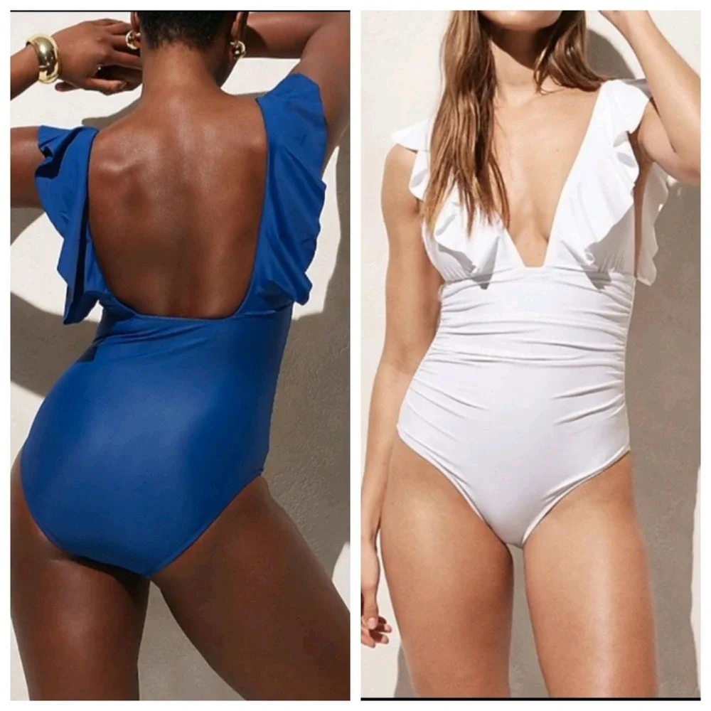 J. Crew Ruched Ruffle One Piece Swimsuit Size 4 Pink Deep V Neck NWT - Picture 4 of 5